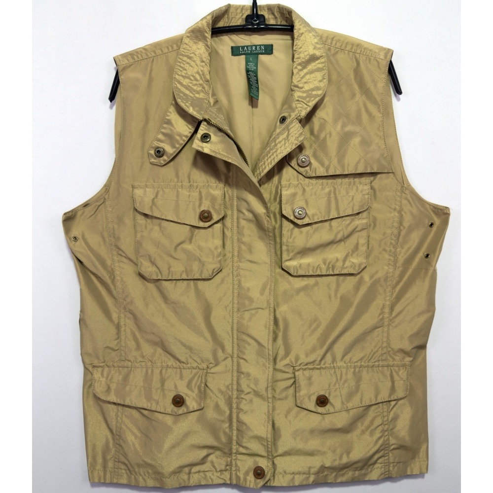 Lauren Ralph Lauren Womens L Gold Shimmer Safari Utility Cargo Vest Jacket